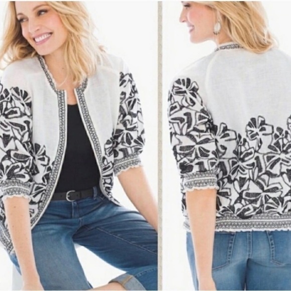 Chico's Jackets & Blazers - Chicos Black White Linen Embroidered Aztec Bomber Jacket Size 2 or Large